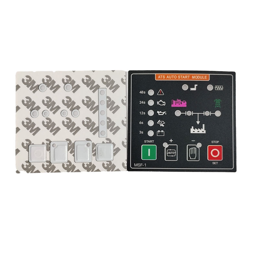 Teclado con interruptor de membrana y cinta adhesiva 3M para panel de control industrial.